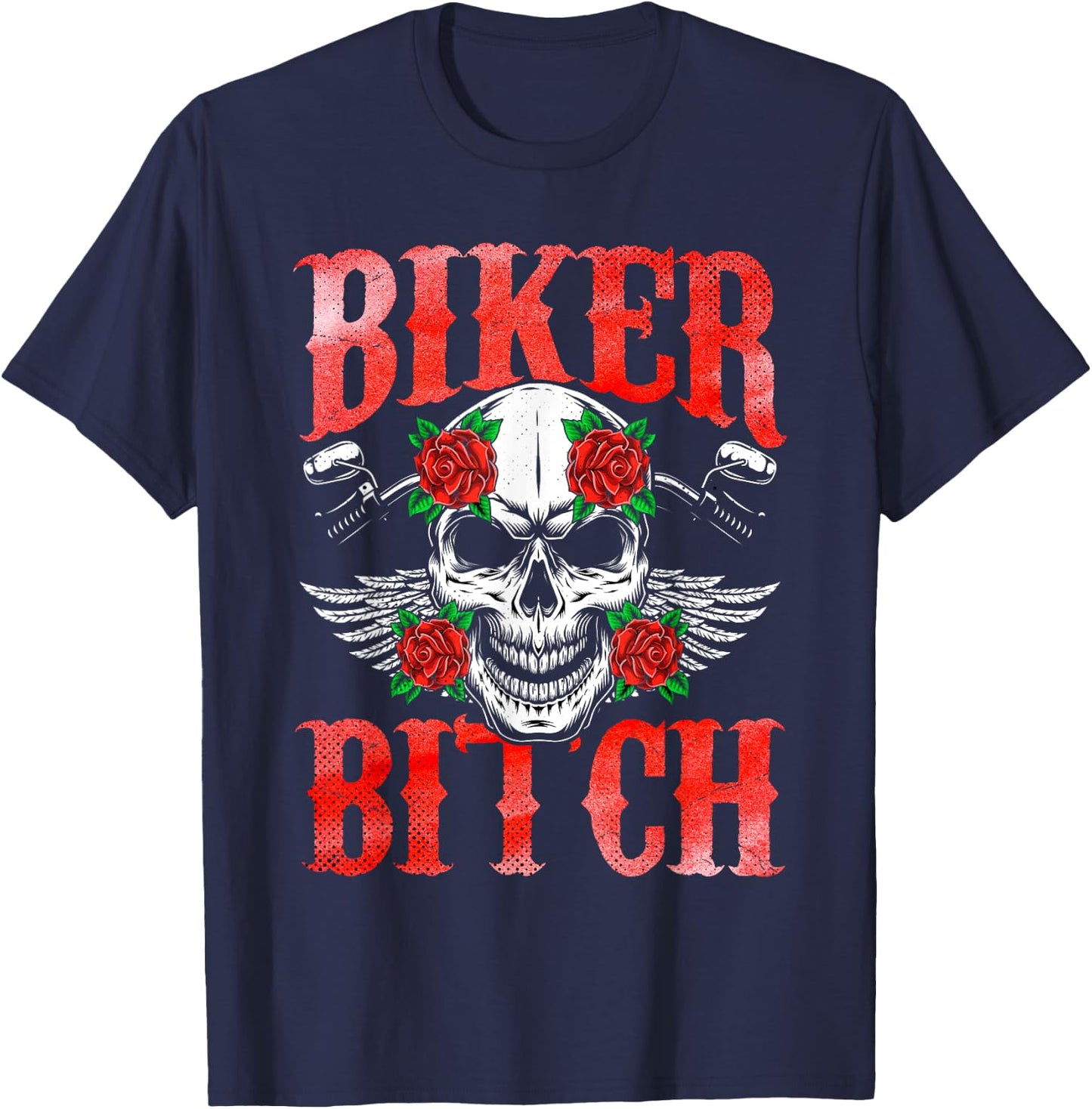 Biker Skull Motorcycle Sexy Bitch Babe Chick Red Rose Gift T-Shirt - T-Shirt | Navy