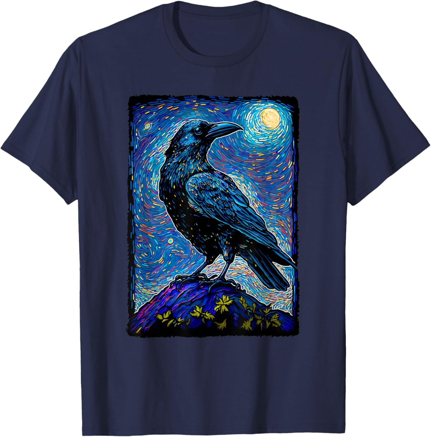 Raven Starry Night Style Painting, Van Gogh Crow Lover T-Shirt - T-Shirt | Navy