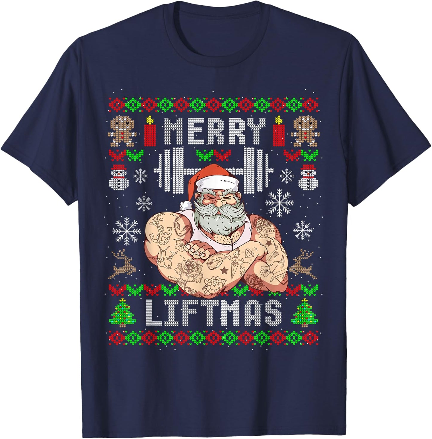 Funny Merry Liftmas Ugly Christmas Workout Powerlifting T-Shirt - T-Shirt | Navy