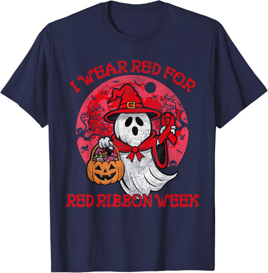 In October We Wear Red Halloween Red Ribbon Week Awareness T-Shirt - T-Shirt | Navy