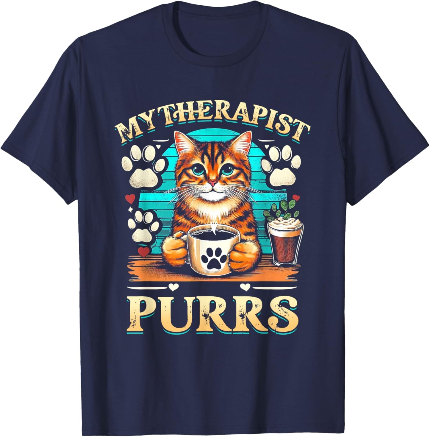 Cat Lover Cat Humor My Therapist Purrs Paw Print T-Shirt - T-Shirt | Navy