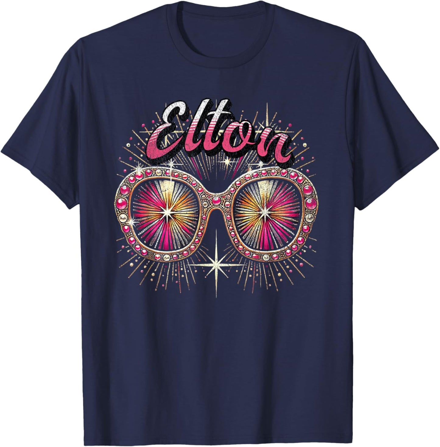 Elton First Name T With Glasses Personalized Vintage T-Shirt - T-Shirt | Navy