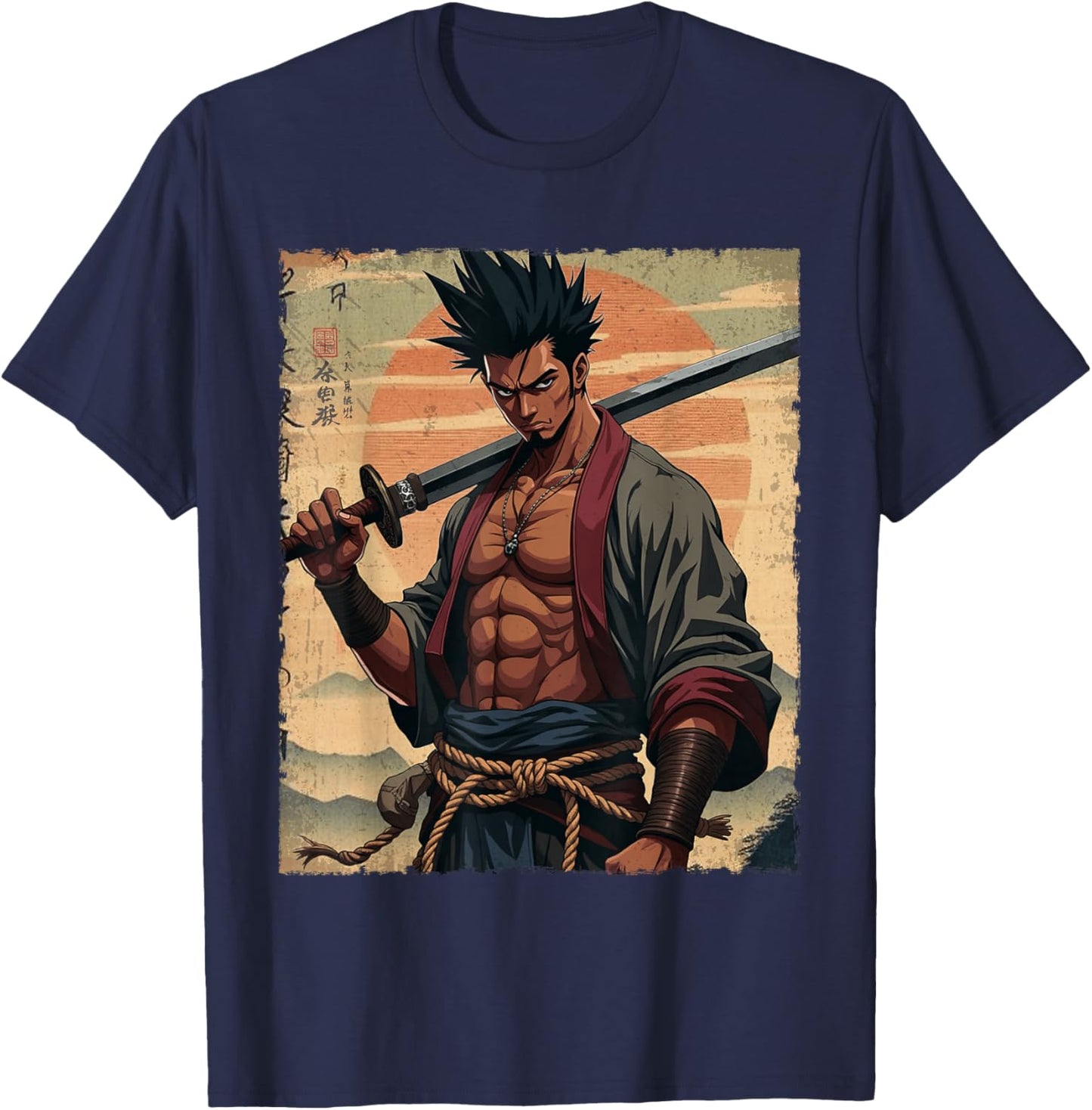 African Samurai Anime Afro American Bushido Warrior Katana T-Shirt - T-Shirt | Navy