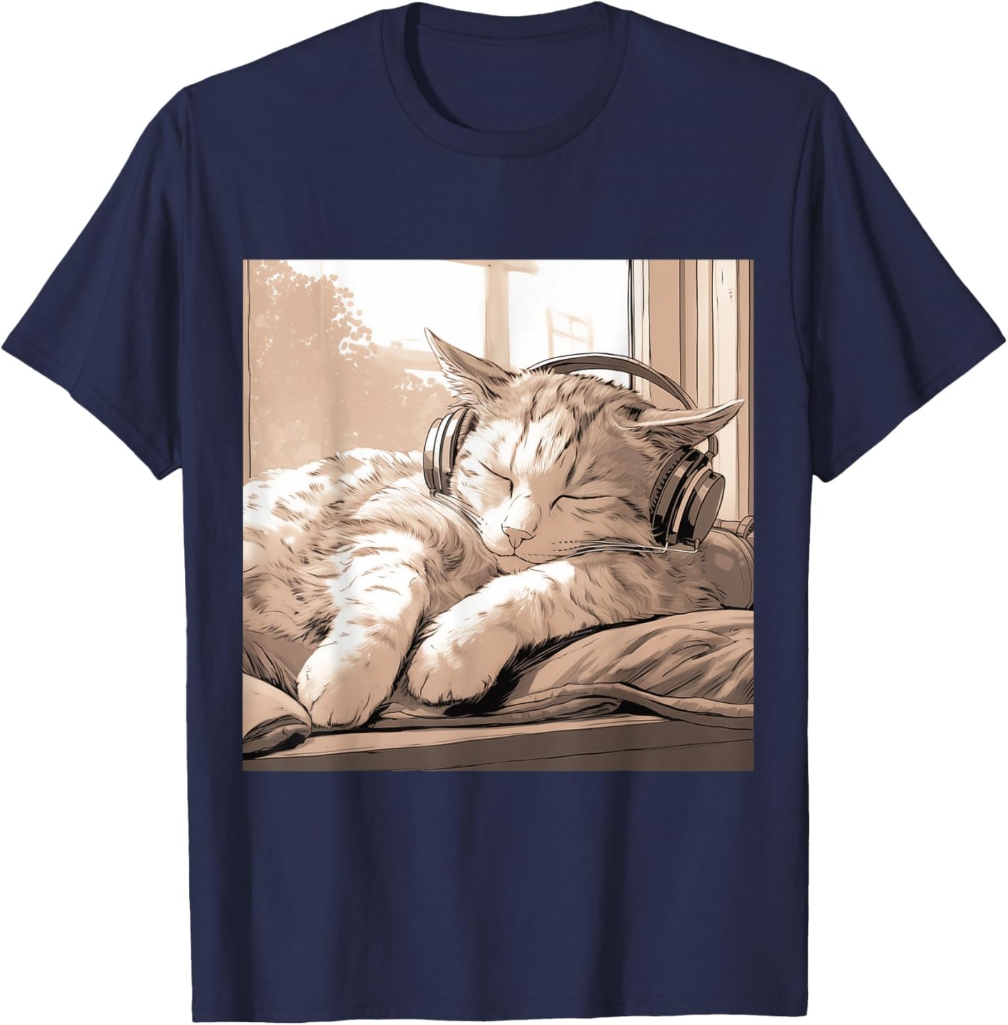 Sleeping Lo-Fi Manga Cat Wearing Headphones T-Shirt - T-Shirt | Navy