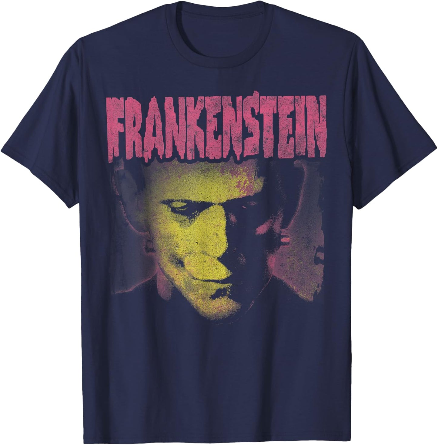 Universal Monsters Frankenstein Pink Splatter Portrait T-Shirt - T-Shirt | Navy