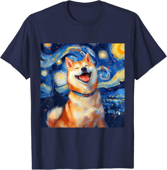 Cute Shiba Inu Dog Starry Night Vincent Van Gogh Painting Women Kids T-Shirt - T-Shirt | Navy