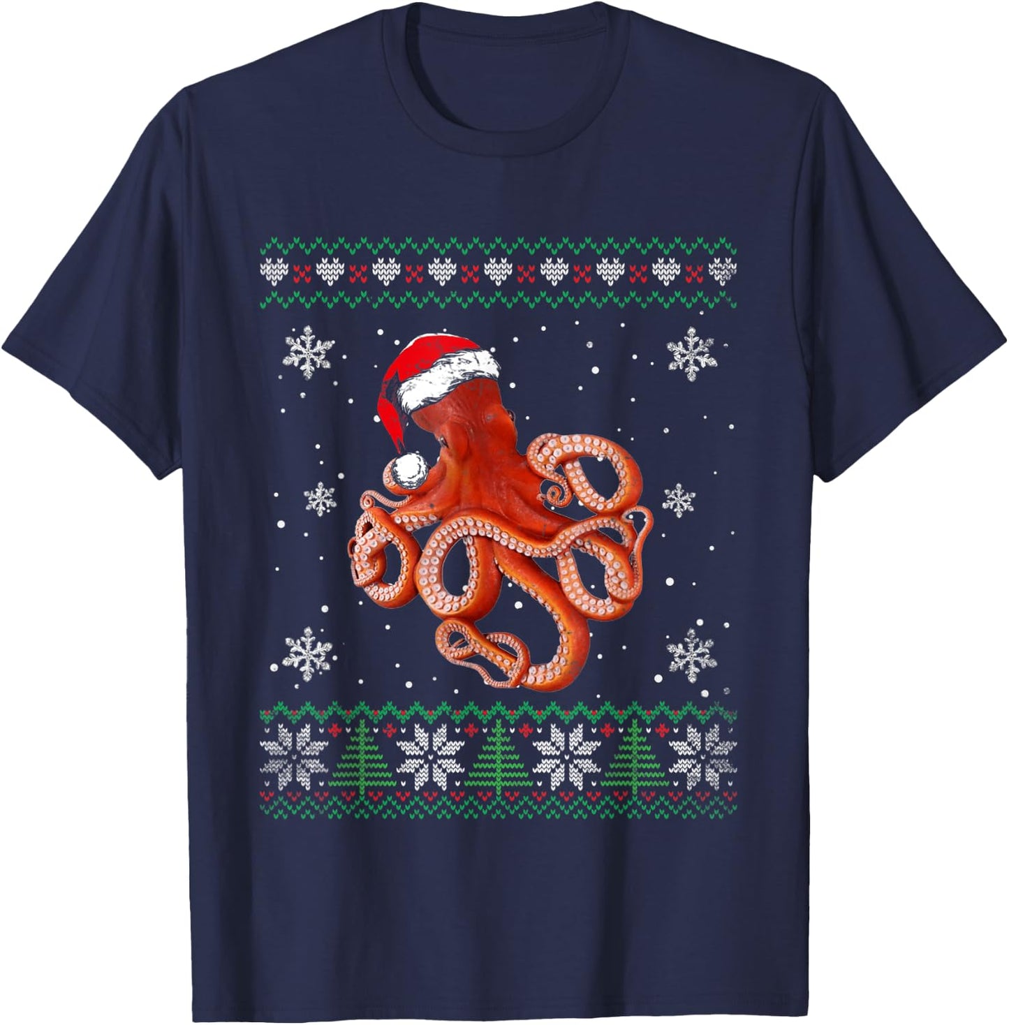 Santa Octopus Ugly Sweater Animals Christmas Pajama T-Shirt - T-Shirt | Navy