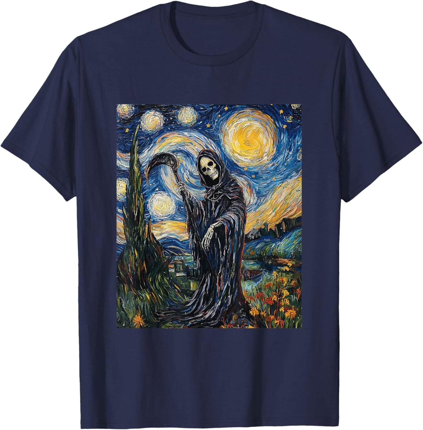 Grim Reaper Skeleton - Van Gogh Style - Starry Night T-Shirt - T-Shirt | Navy