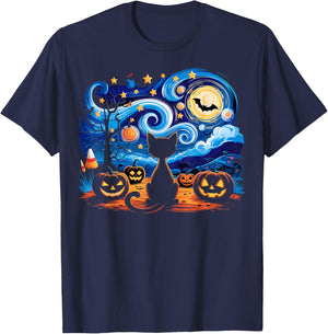 Halloween Cat Starry Night Gifts Cat Mom Cat Dad Cat Lover T-Shirt - T-Shirt | Navy