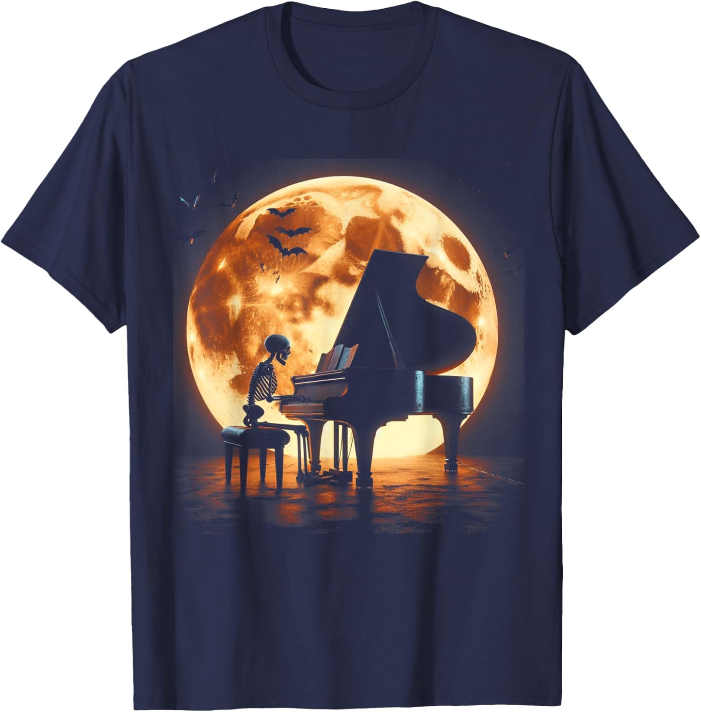 Skeleton Playing Piano Moon Halloween Music T-Shirt - T-Shirt | Navy