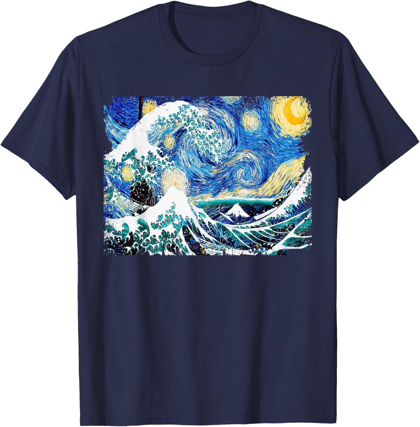 Starry Night and Great Wave Van Gogh Art Painting T Shirt T-Shirt - T-Shirt | Navy