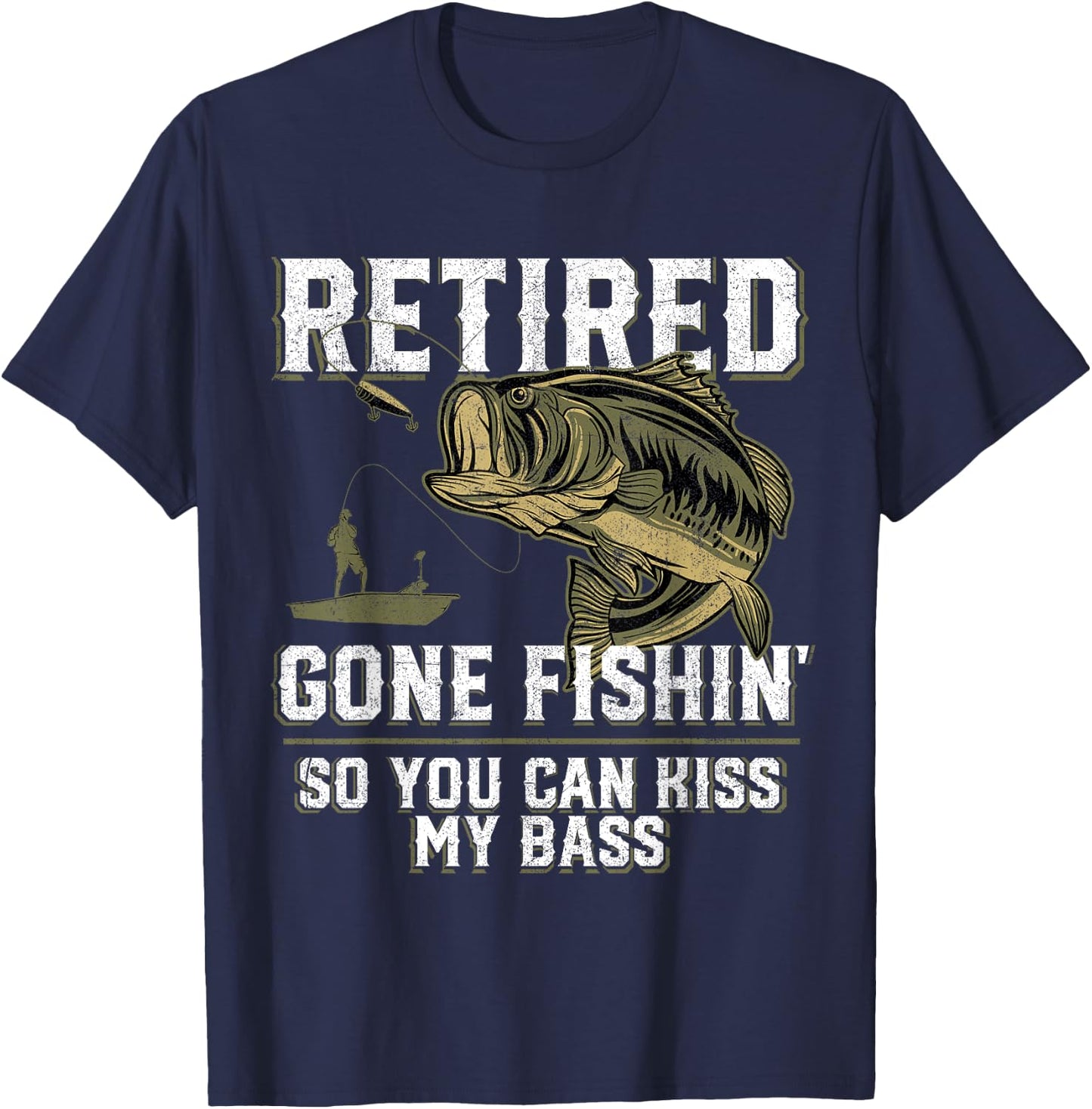 Funny Bass Fishing Shirts & Gifts Retired Gone Fishin' Adult Humor Bass Fishing Black Medium T-Shirt - T-Shirt | Navy