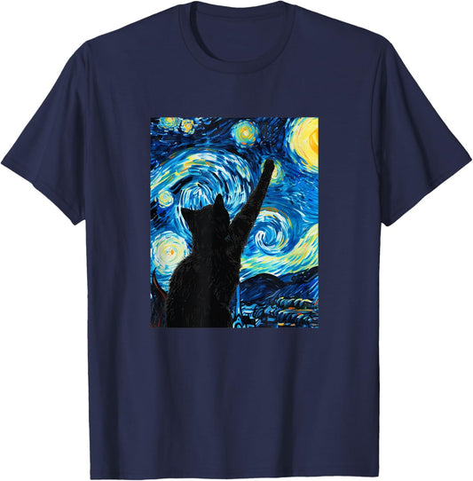 Van Gogh Starry Night Cat Lover Kitten Women T-Shirt - T-Shirt | Navy