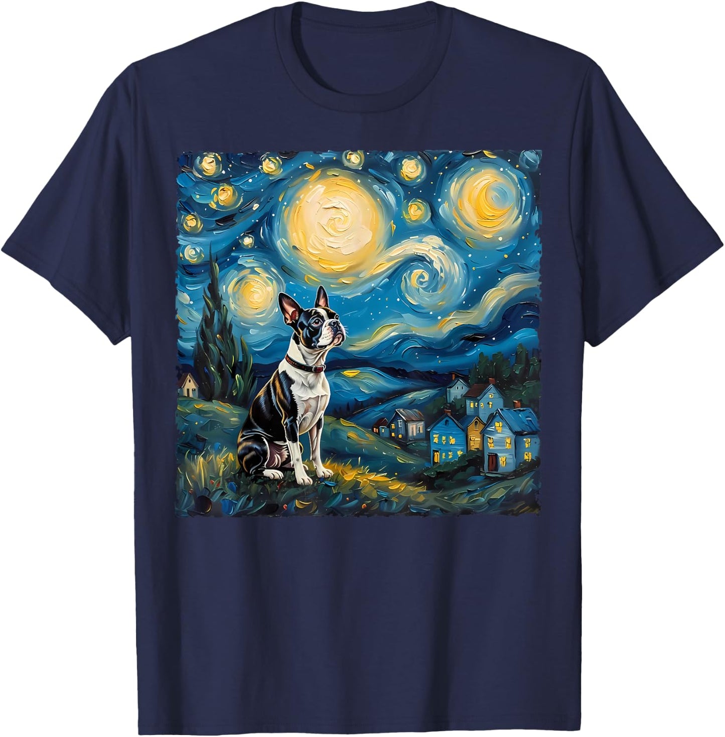 Boston Terrier Dog Lovers Starry Night Van Gogh Style Art T-Shirt - T-Shirt | Navy