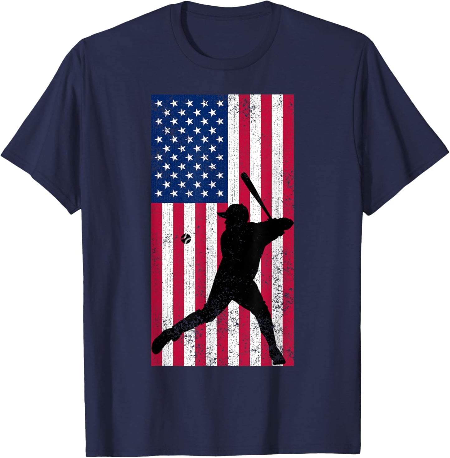 Baseball Player Distressed American Flag USA Patriotic Sport Women Kids Men T-Shirt - T-Shirt | Navy