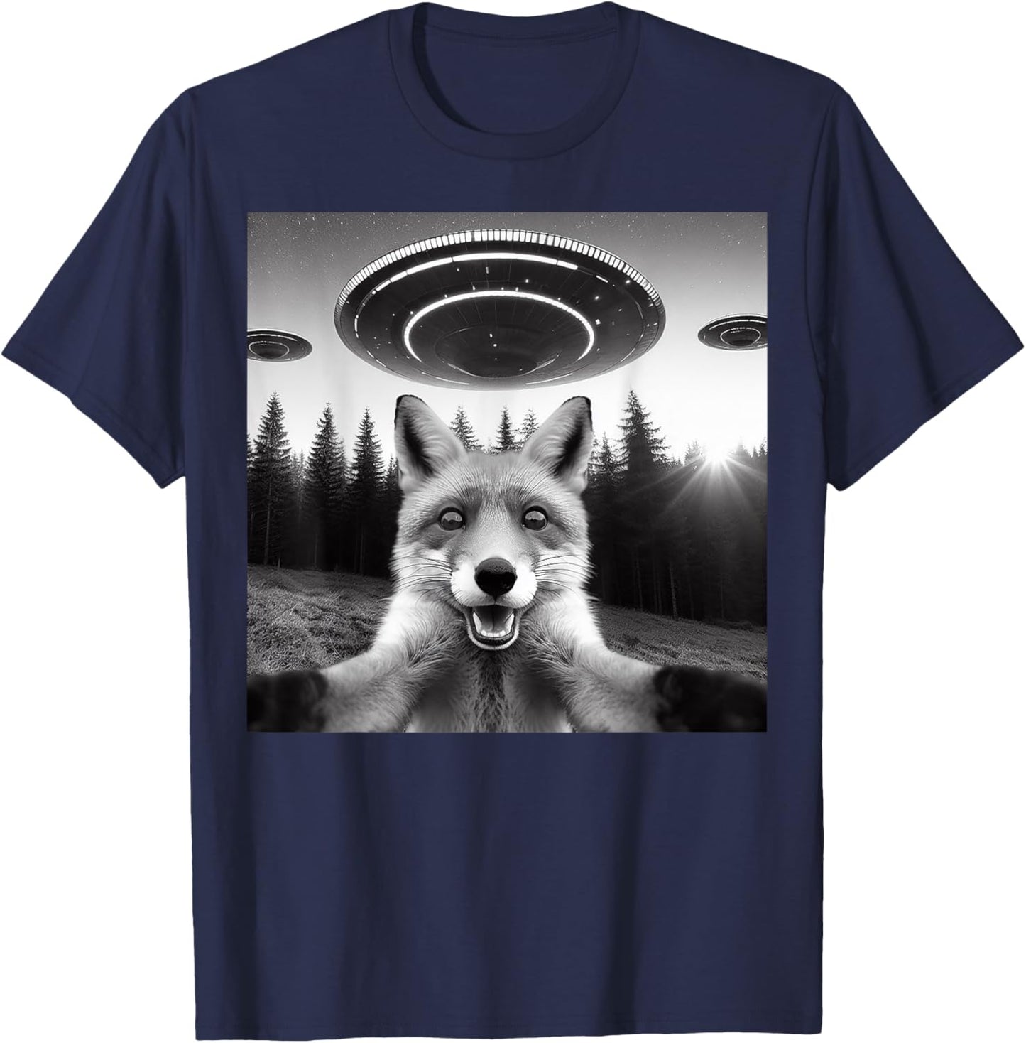 Fox Selfie With Alien UFO Funny Fox Gifts Women Kid T-Shirt - T-Shirt | Navy
