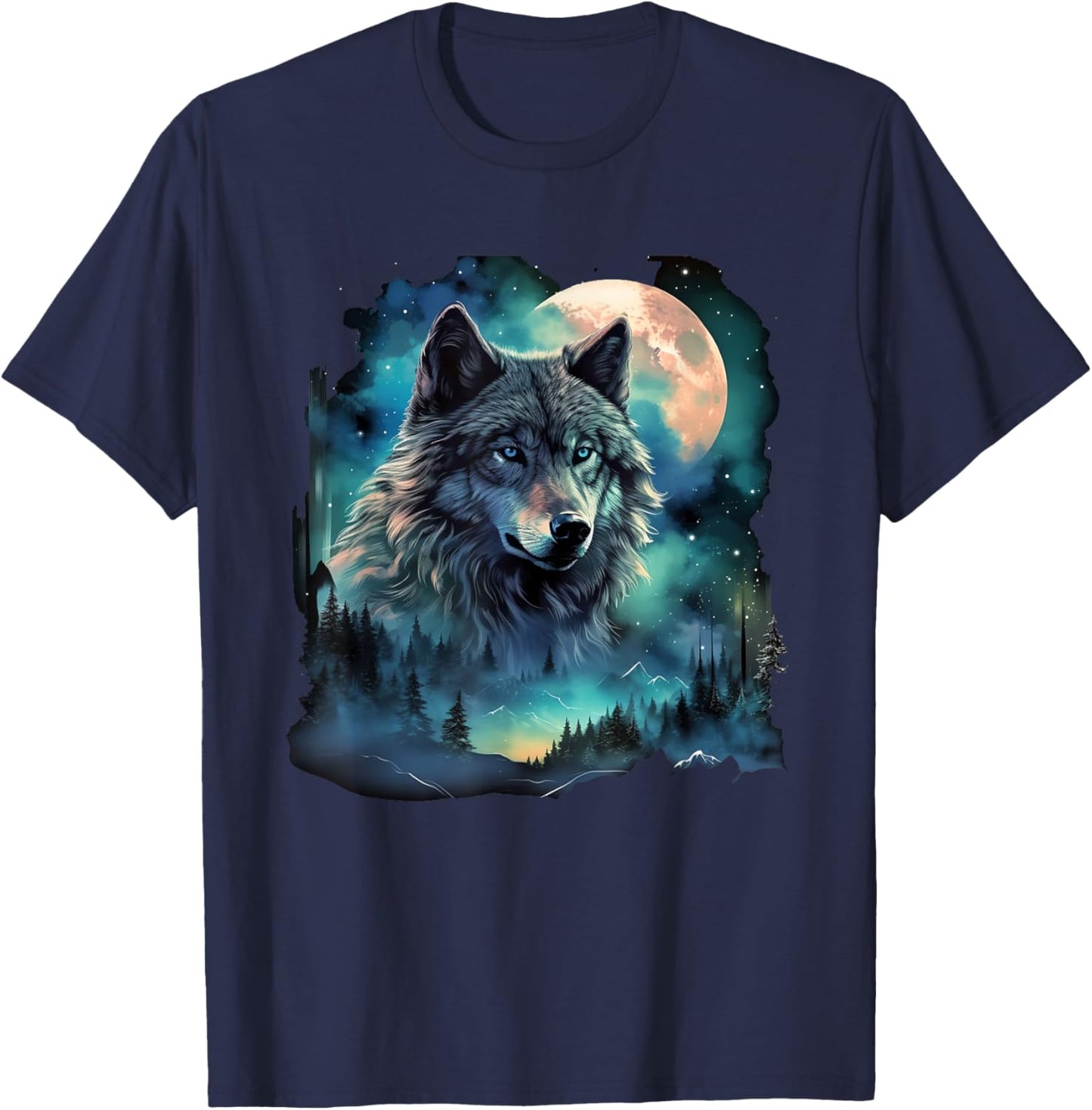 Grey Wolf Hunting Grounds ICY Moon Forest Galaxy T-Shirt - T-Shirt | Navy