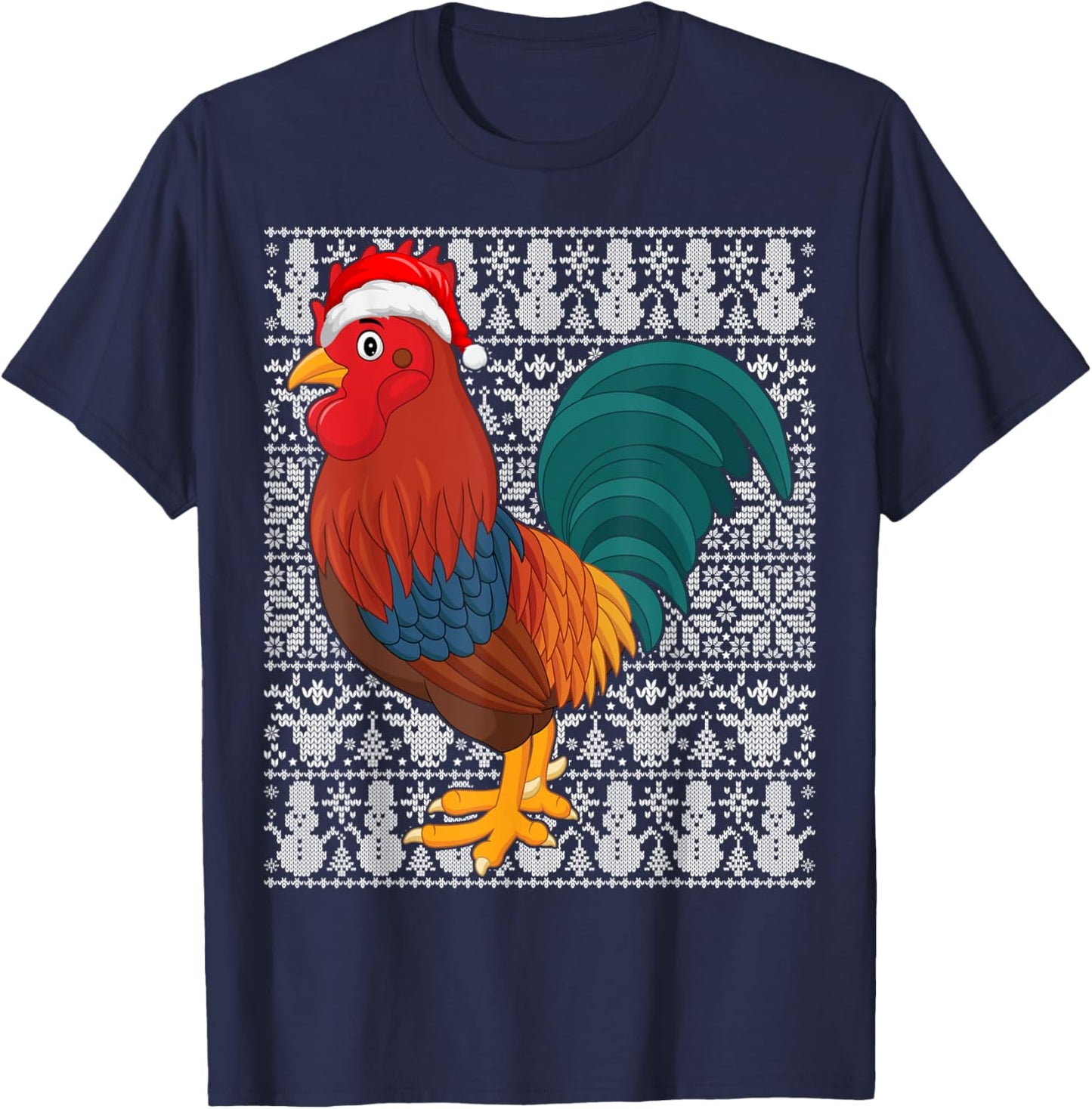 Rooster Bird Wearing Santa Hat Men Women Kids Ugly Christmas T-Shirt - T-Shirt | Navy