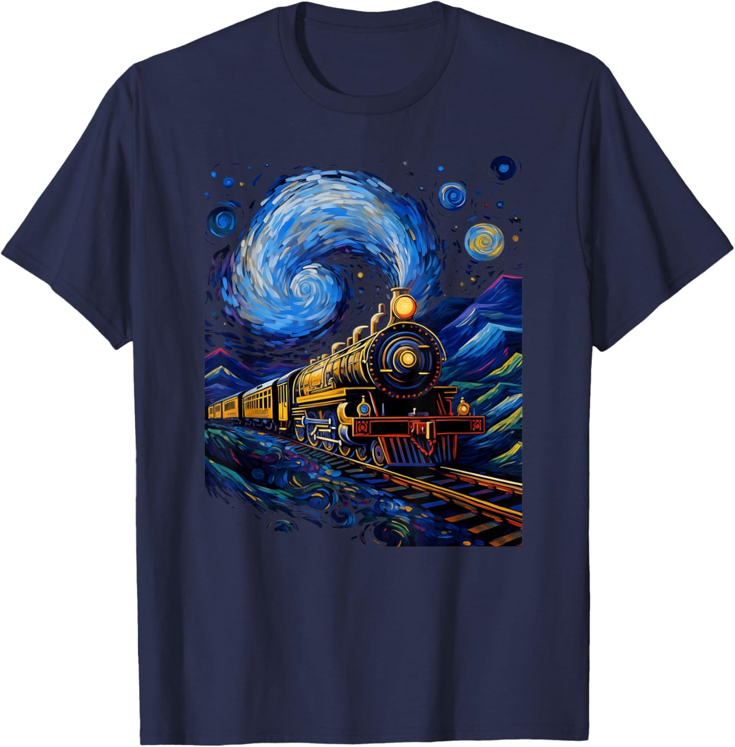 Steam Locomotive Van Gogh Style T-Shirt - T-Shirt | Navy