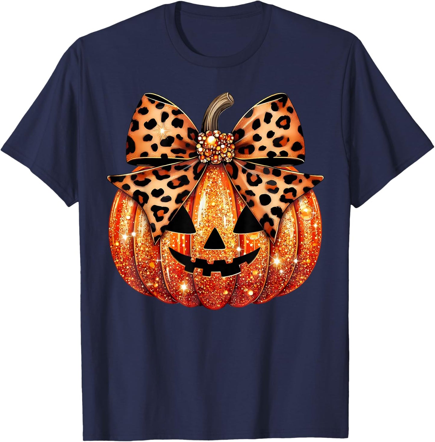 Sparkly Pumpkin Leopard Coquette Bow Pumpkin Girls T-Shirt - T-Shirt | Navy