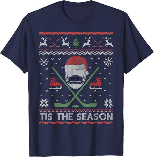 Tis The Season Ice Hockey Ugly Christmas Sweater Men Boy Kid T-Shirt - T-Shirt | Navy