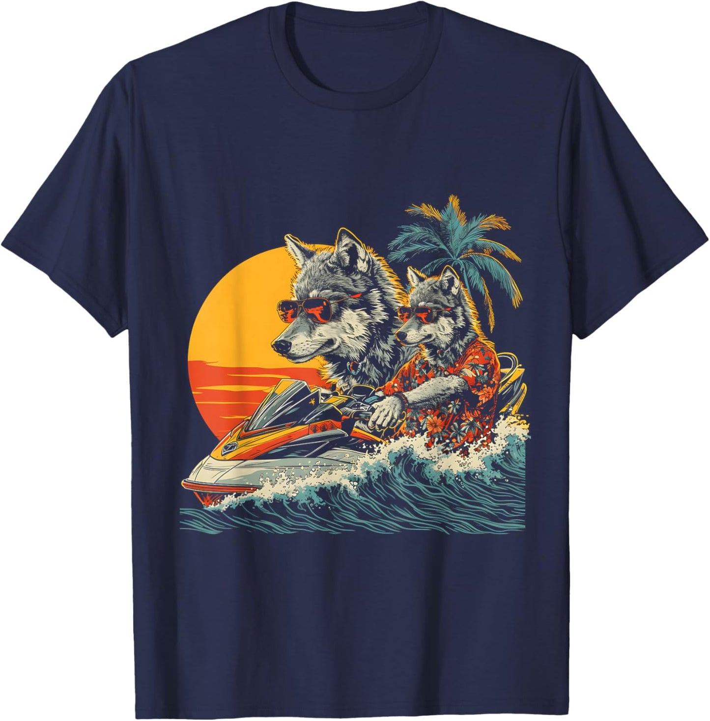 Wolf Driving Jet Ski Wear Hawaiian And Sunglass Sport T-Shirt - T-Shirt | Navy