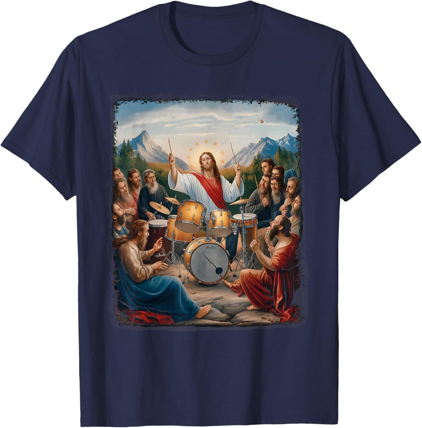 Jesus Playing Drums Funny Christian Drummer Painting T-Shirt - T-Shirt | Navy