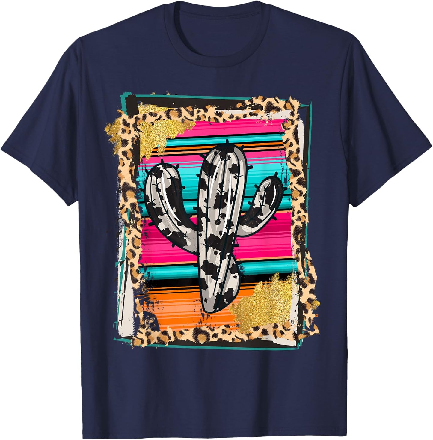 SERAPE CACTUS - Leopard Cow Pattern Print Cowgirl Rodeo T-Shirt - T-Shirt | Navy