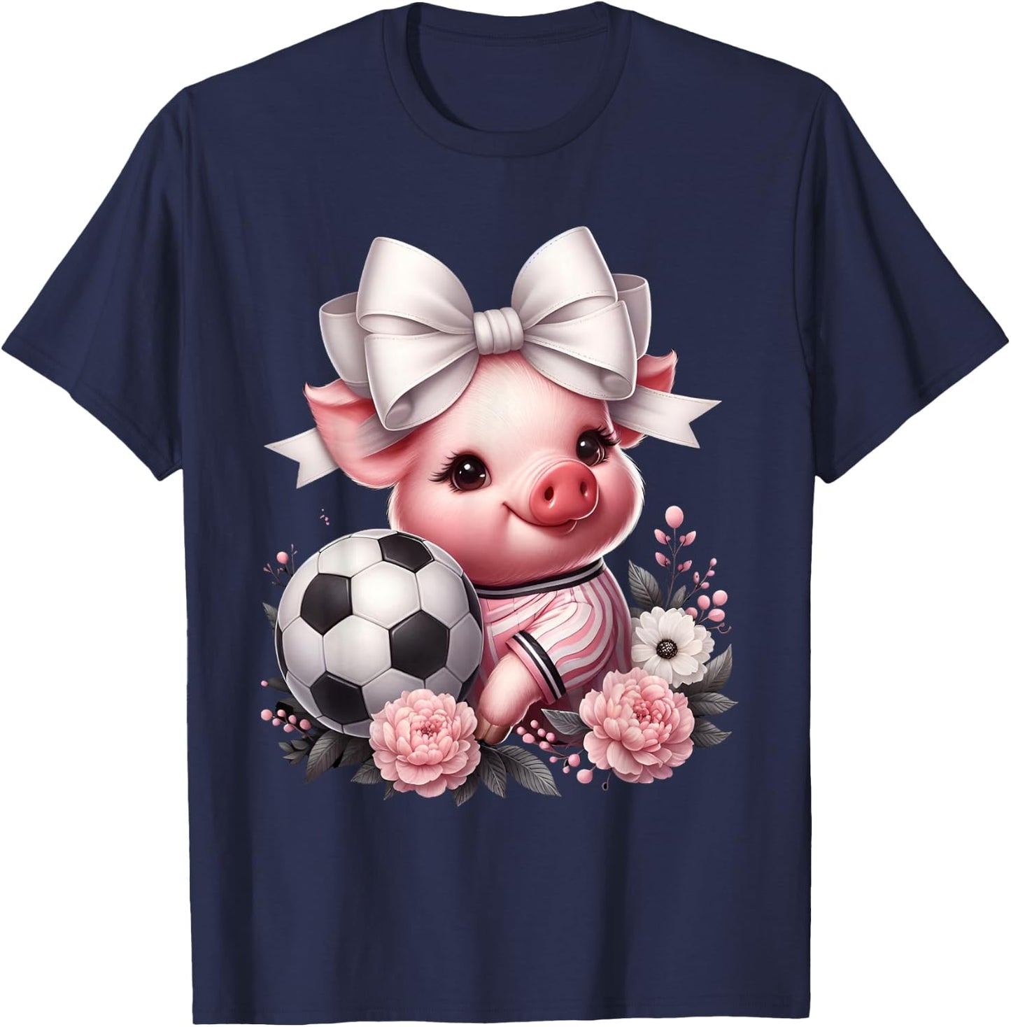Cute Pig White Coquette Bow Soccer Pig Lover Player Sport T-Shirt - T-Shirt | Navy