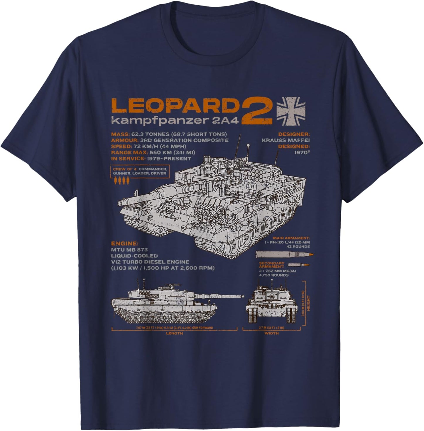 Leopard 2 2A4 Tank Armored Vehicle Blueprint Drawing T-Shirt - T-Shirt | Navy