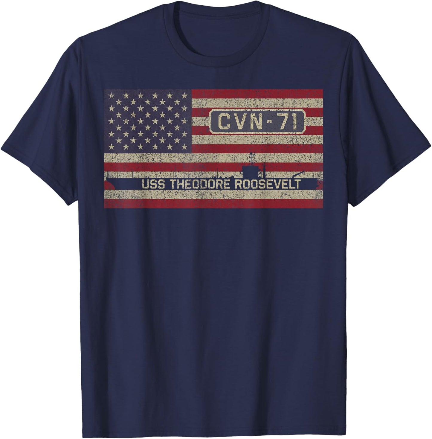 USS Theodore Roosevelt CVN-71 Aircraft Carrier American Flag T-Shirt - T-Shirt | Navy