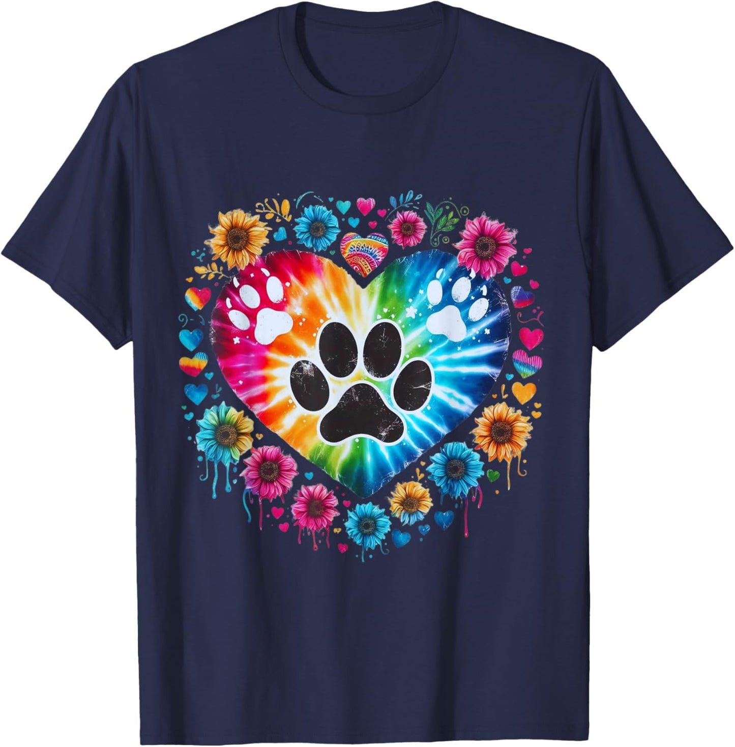 Tie Dye Love Dog Paw Print Heart Animal Lover Men Women T-Shirt - T-Shirt | Navy