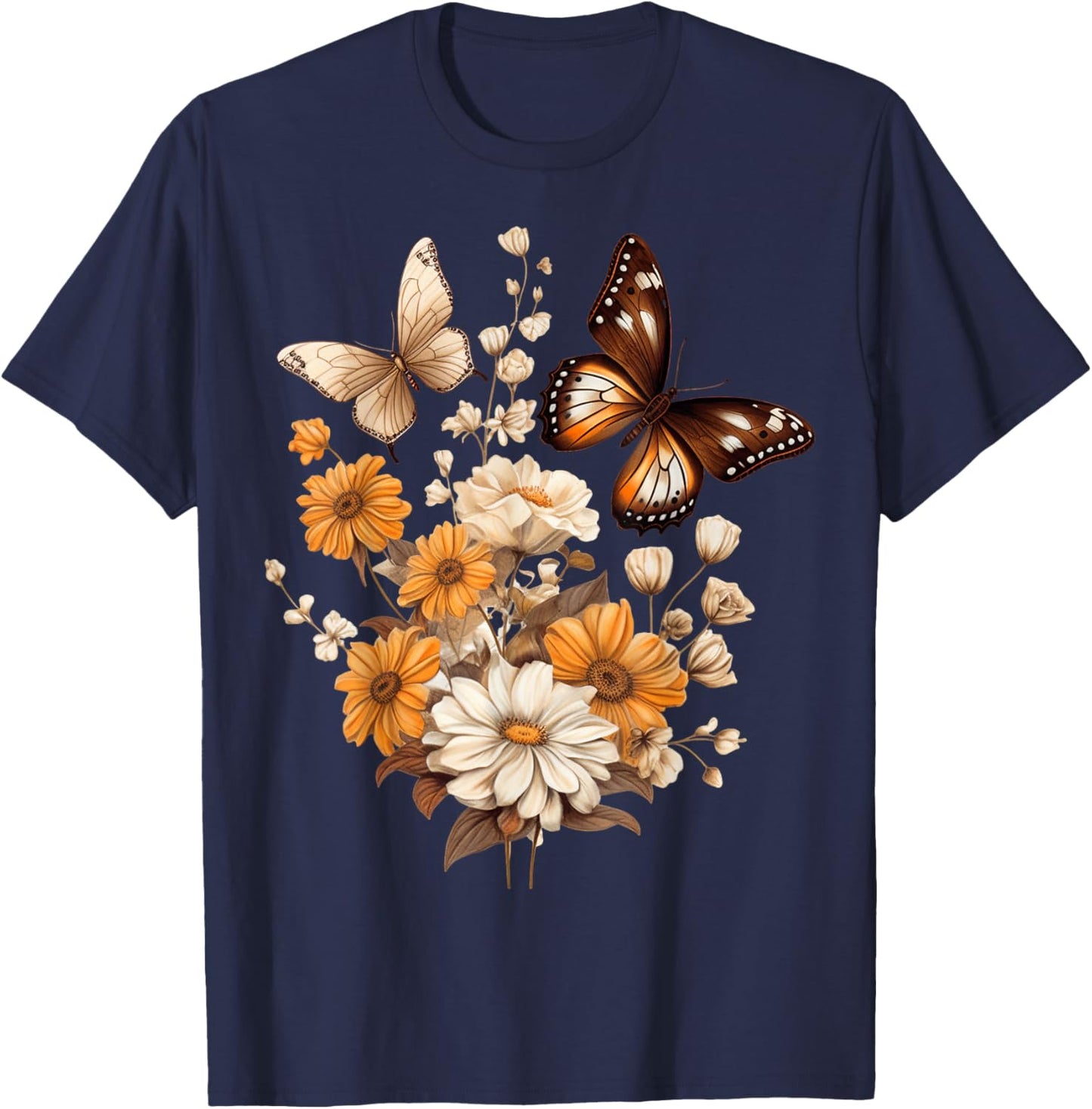 Vintage Pressed Flowers Butterflies Floral Boho Wildflowers T-Shirt - T-Shirt | Navy