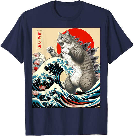 Catzilla Cat Japanese Art Funny Cat Gifts Men Kid T-Shirt - T-Shirt | Navy