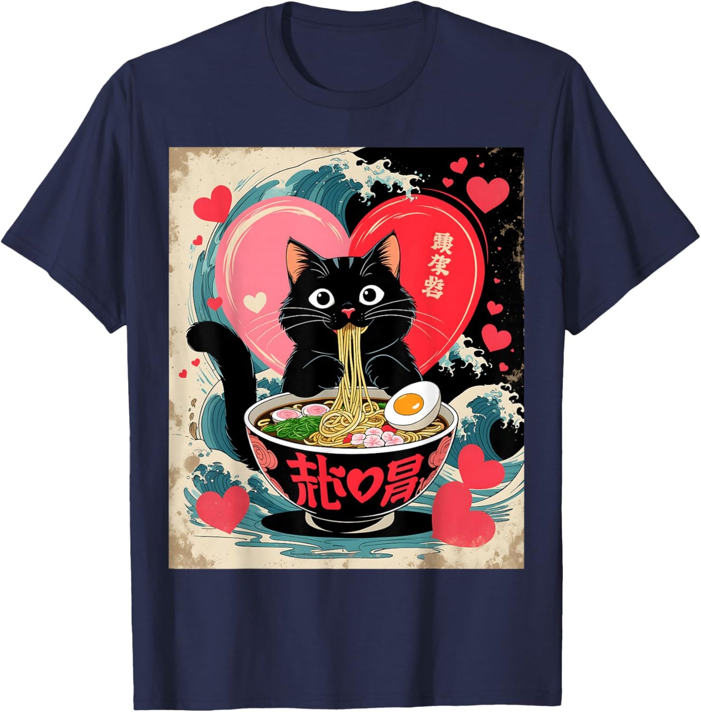 Kawaii Anime Cat Ramen Japanese Graphic Men Women Teens T-Shirt - T-Shirt | Navy
