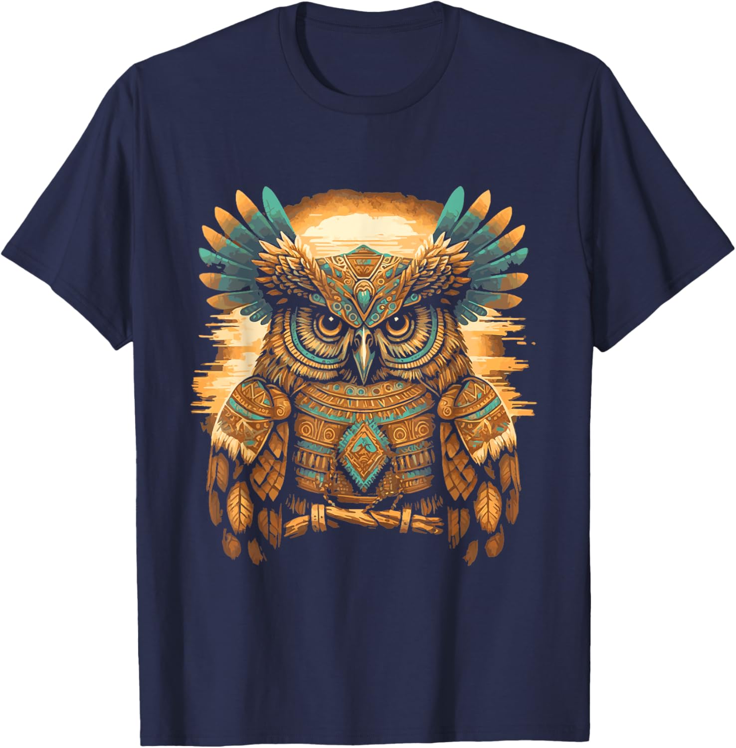 Western Art Owl Aztec Native American Bird Art Design T-Shirt - T-Shirt | Navy