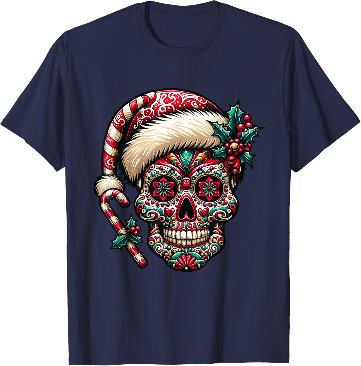 Christmas Sugar Skull Santa Hat Day Of The Dead Xmas Holiday T-Shirt - T-Shirt | Navy