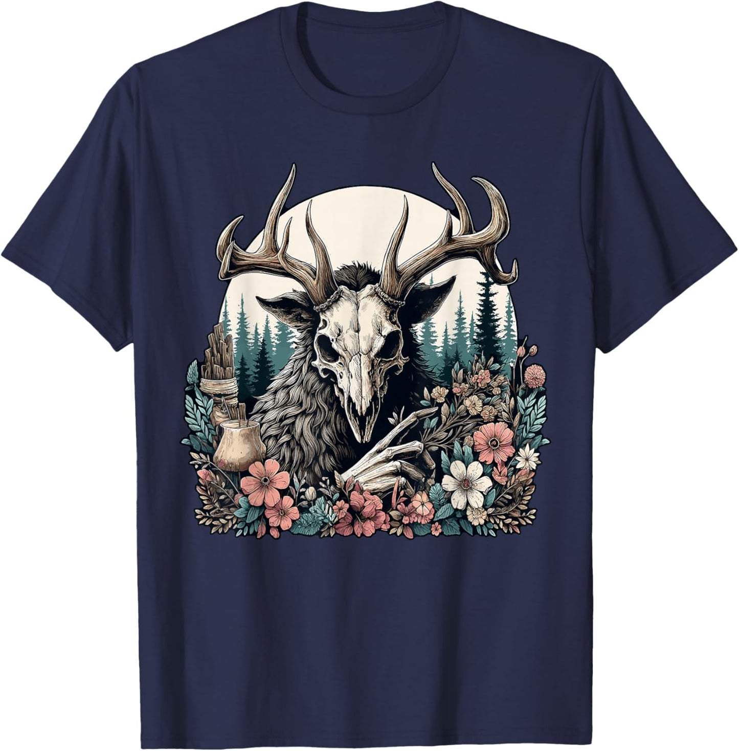 Floral Cryptid Wendigo Nature Forest T-Shirt - T-Shirt | Navy