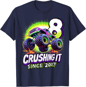 Birthday Monster Truck 8 year Old Boys 8th Party Born 2017 T-Shirt - T-Shirt | Navy