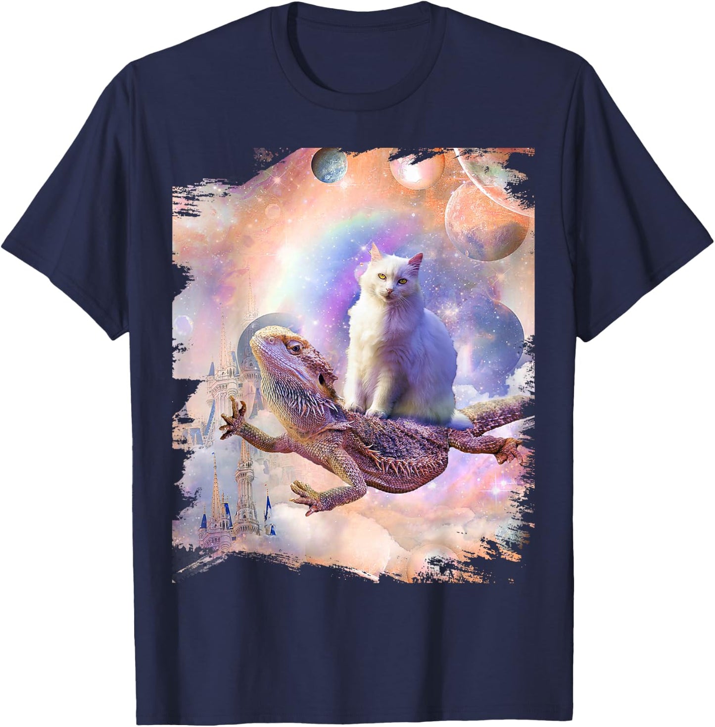 Space Cat Riding Bearded Dragon Lizard T-Shirt - T-Shirt | Navy