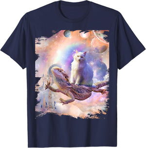 Space Cat Riding Bearded Dragon Lizard T-Shirt - T-Shirt | Navy