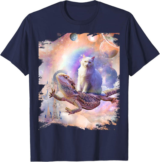 Space Cat Riding Bearded Dragon Lizard T-Shirt - T-Shirt | Navy