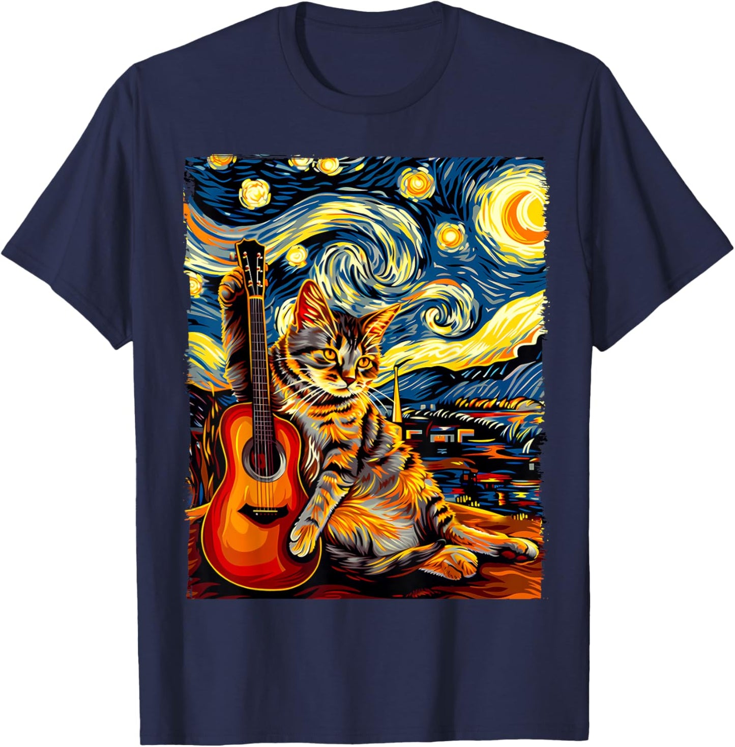 Painting A Cat Playing Guitar in The Starry Night, Cat Art T-Shirt - T-Shirt | Navy