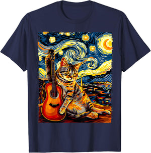 Painting A Cat Playing Guitar in The Starry Night, Cat Art T-Shirt - T-Shirt | Navy