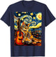 Painting A Cat Playing Guitar in The Starry Night, Cat Art T-Shirt - T-Shirt | Navy