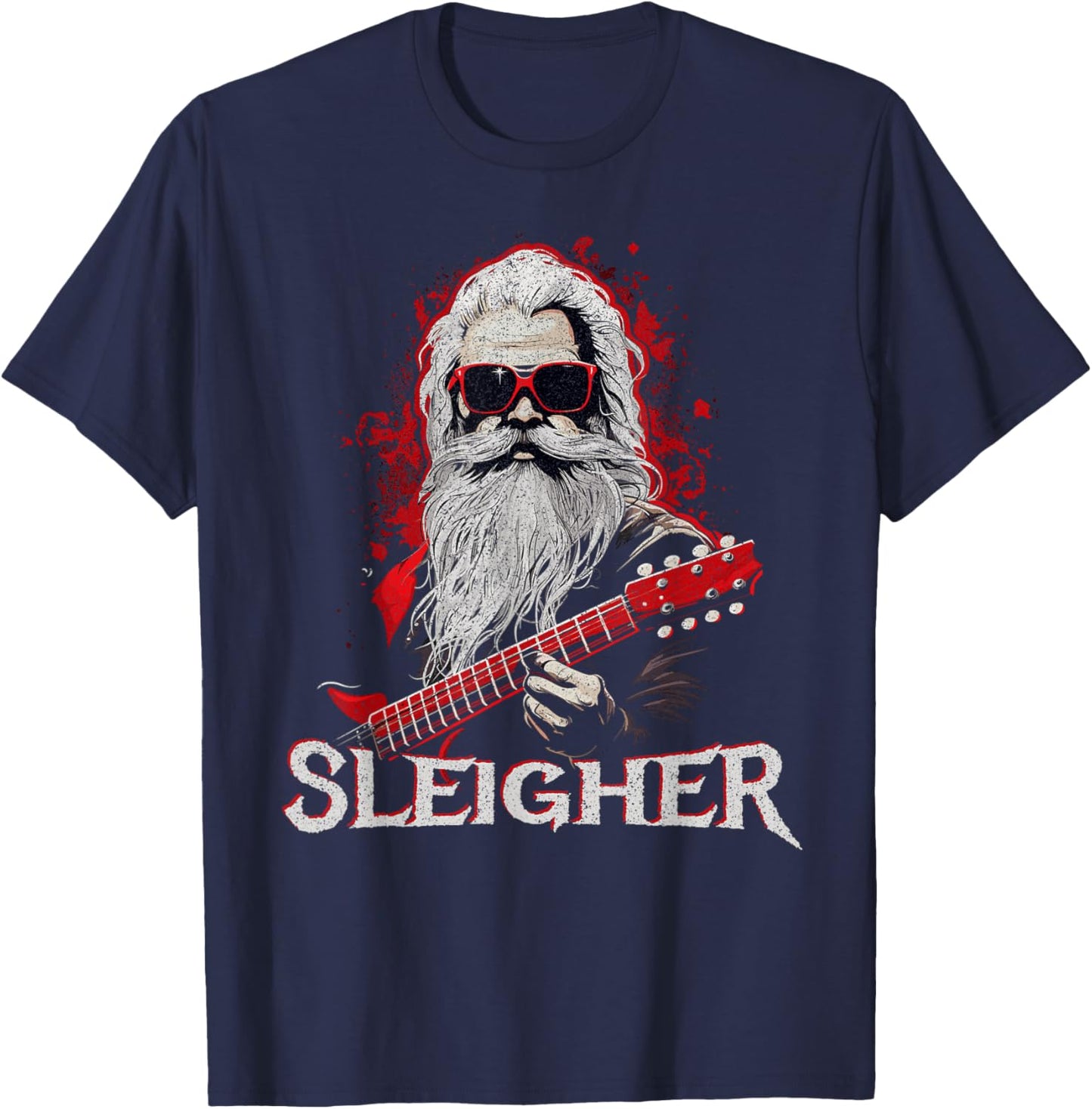Funny Christmas Rocker Band Santa Playing Guitar Sleigher T-Shirt - T-Shirt | Navy