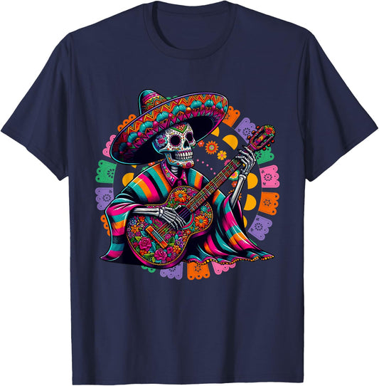 Dia De Los Muertos Skeleton playing guitar Sugar Skull Funny T-Shirt - T-Shirt | Navy