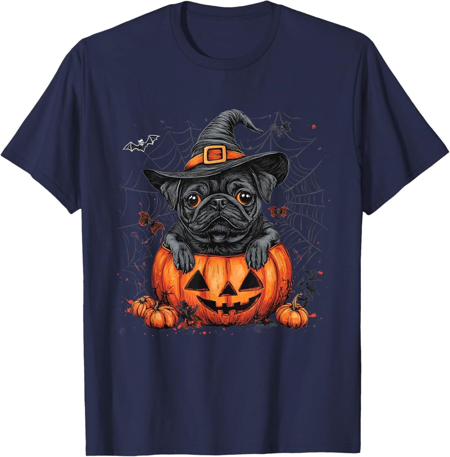 Black Pug Dog Pumpkin Halloween Thanksgiving Men Women Dog T-Shirt - T-Shirt | Navy