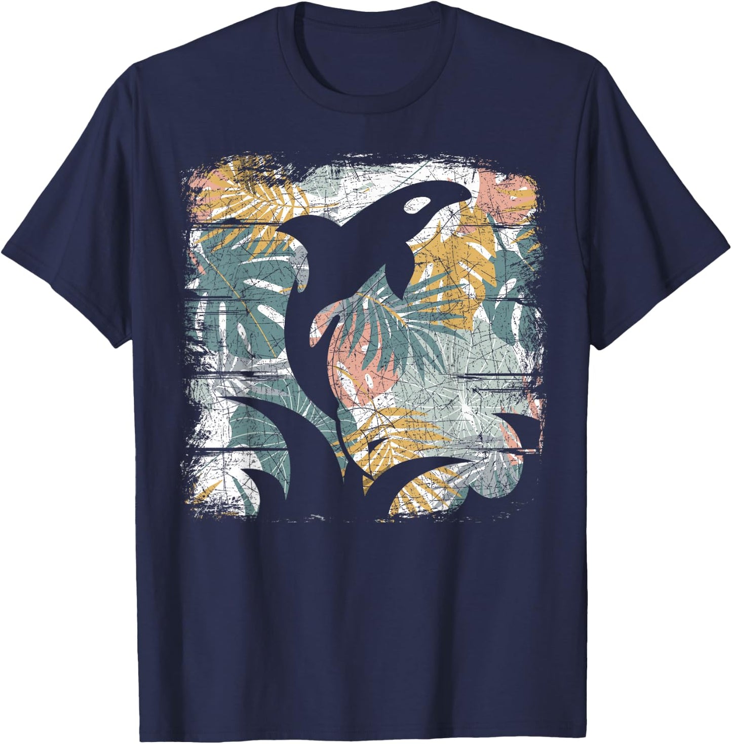 Tropical Nature Pattern Exotic Summer Vacation Whale Orca T-Shirt - T-Shirt | Navy