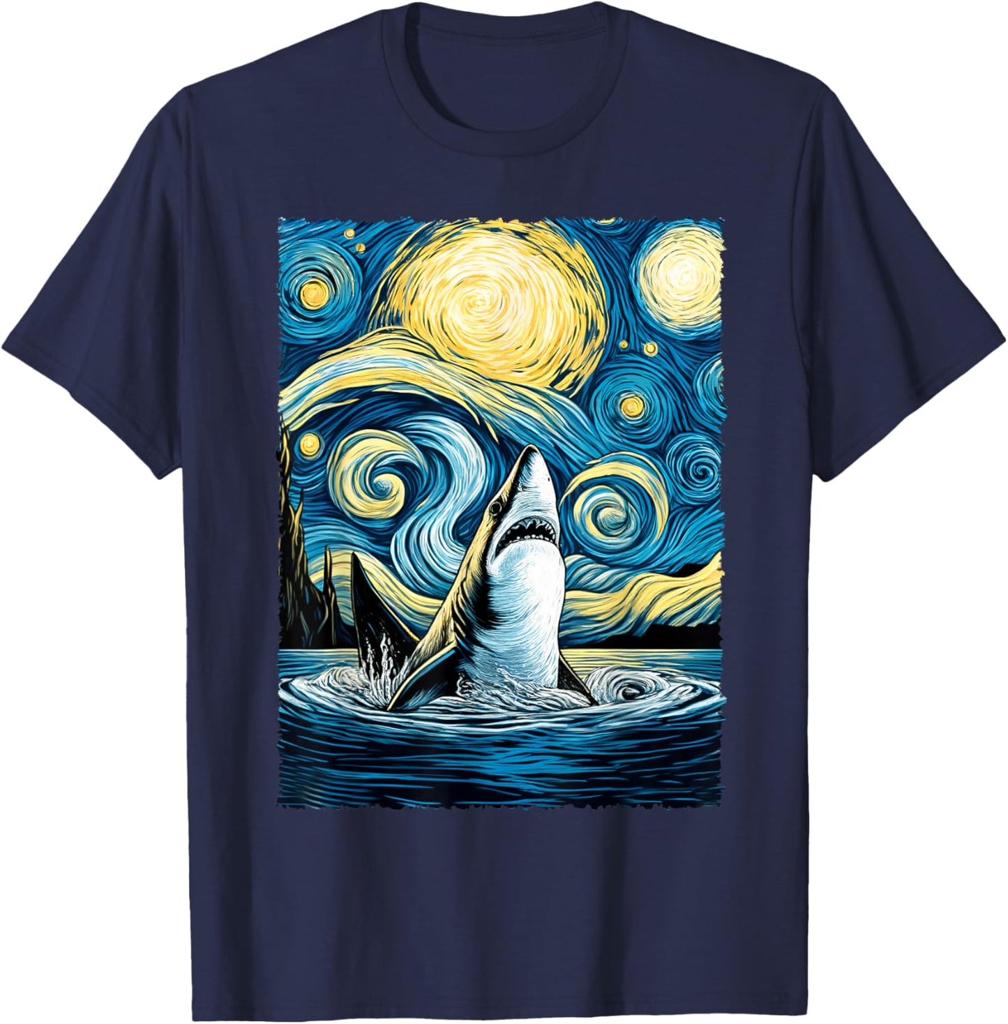 Graphic Art Shark Starry Night Drawing Artwork Cute Shark T-Shirt - T-Shirt | Navy
